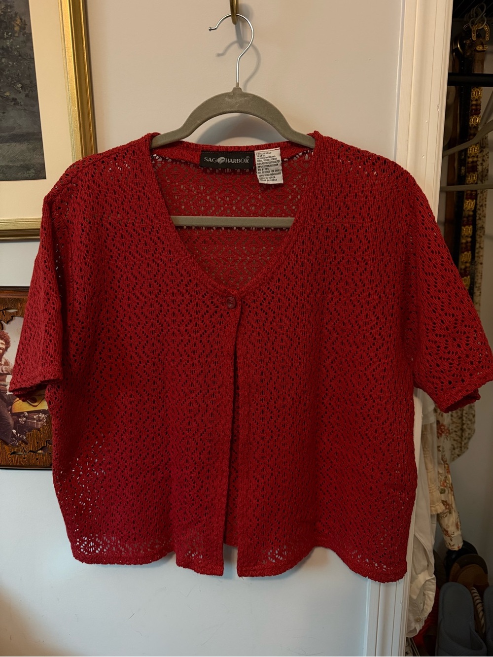 Sag Harbor Red Openwork Knit Short-Sleeve Cardigan